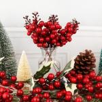 24 stuks rode bessenstelen, kunstbourgondische, rode bessen, picks, hulst, rode bessen, takken, kerstbessen, steel, picks voor kerstboom, doe-het-zelf handwerk, bruiloft, feestdage