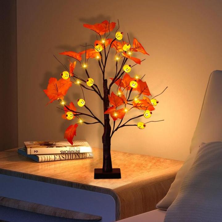Halloween decoratie voor binnen, zwart esdoornblad, boomverlichting met 24 leds, Halloween-decoratie, griezelige lichtboom met led-spinnenlicht, berkenboom met timer voor Halloween
