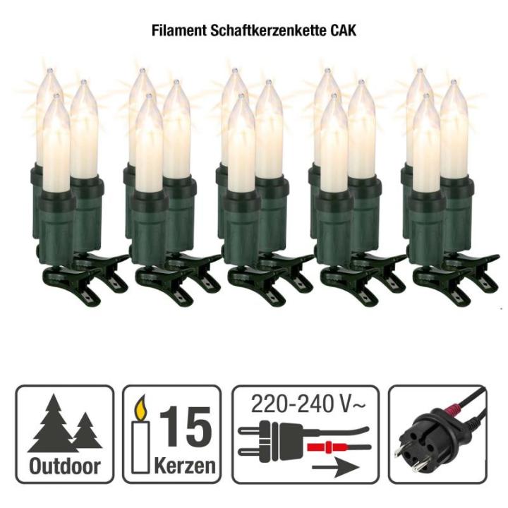 Kleine schacht lichtketting kerstboom buiten met deelbare stekker en clip, 15 kaarsen, verlicht 14 m, voedingskabel 1,5 m, kerstverlichting buiten, schacht wit kabel zwart, 