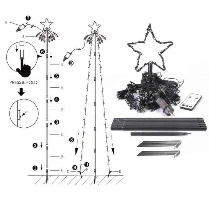 Kerstverlichting met ring en sterren, 10 slingers van 2,1 m, 450 leds, kerstboomlichtketting voor buiten, met afstandsbediening, 8 modi, dimbaar, warmwit, voor gazon en tuin