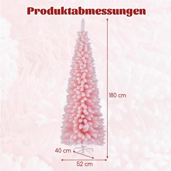 Kunstkerstboom, potlood, 180 cm, dennenboom met sneeuw, kerstboom met 460 takken en inklapbare metalen standaard, slanke kunstboom, Kerstmis voor thuis, kantoor, roze