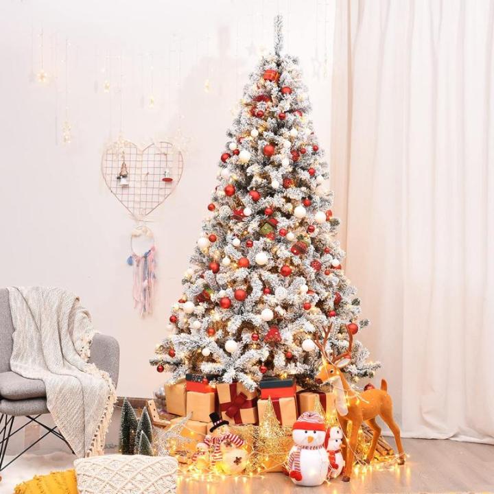 Kunstkerstboom met sneeuw en warmwitte ledverlichting, dennenboom met metalen standaard, pvc-naalden, kunstboom, klapsysteem, 225 cm, 180/225 cm