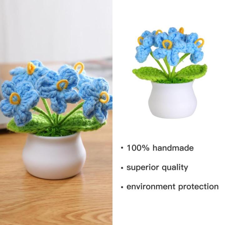 Kunstbloem, gehaakte bloemen, potplant, mini gebreide bloempot, kleine handgemaakte gehaakte bloem voor thuiskantoor tafeldecoratie, cadeau voor haar Valentijnsdag (2, blauwe bloem