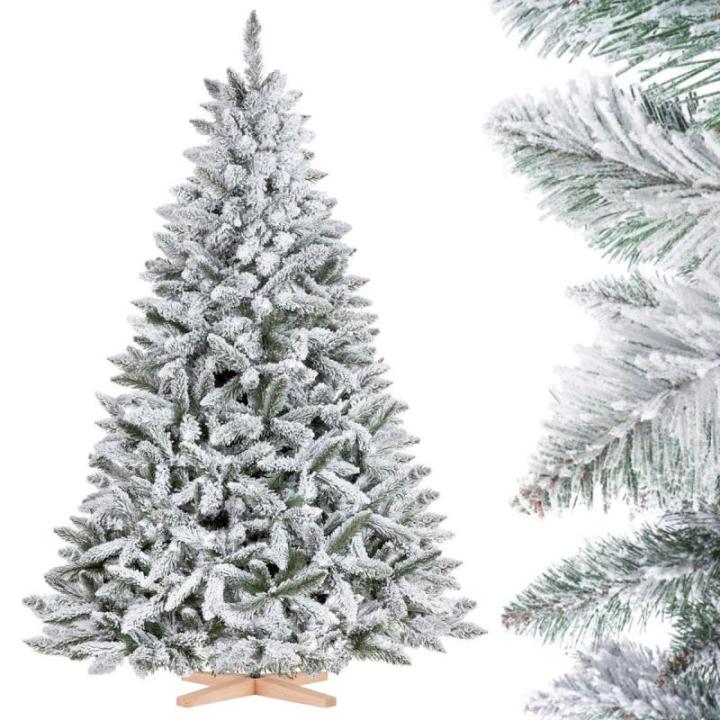 Kunstkerstboom, 180 cm, met houten standaard, dennenboom met natuurlijke witte sneeuwvlokken, made in EU