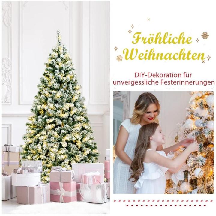 Kunstkerstboom met sneeuw en warmwitte ledverlichting, dennenboom met metalen standaard, pvc-naalden, kunstboom, kerstgroen, 135/180/225 cm