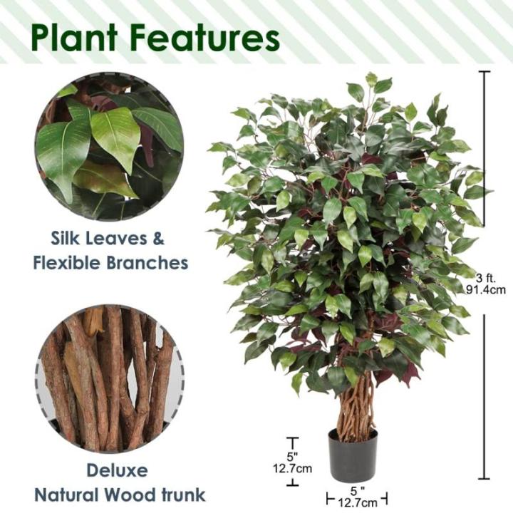 Benjamini Ficus, , grote kunstboom, kamerplant, decoratie met echt houten stam, voor kantoor, decoratie, slaapkamer, eetkamer, binnen, buiten, groen/rood, 91 cm
