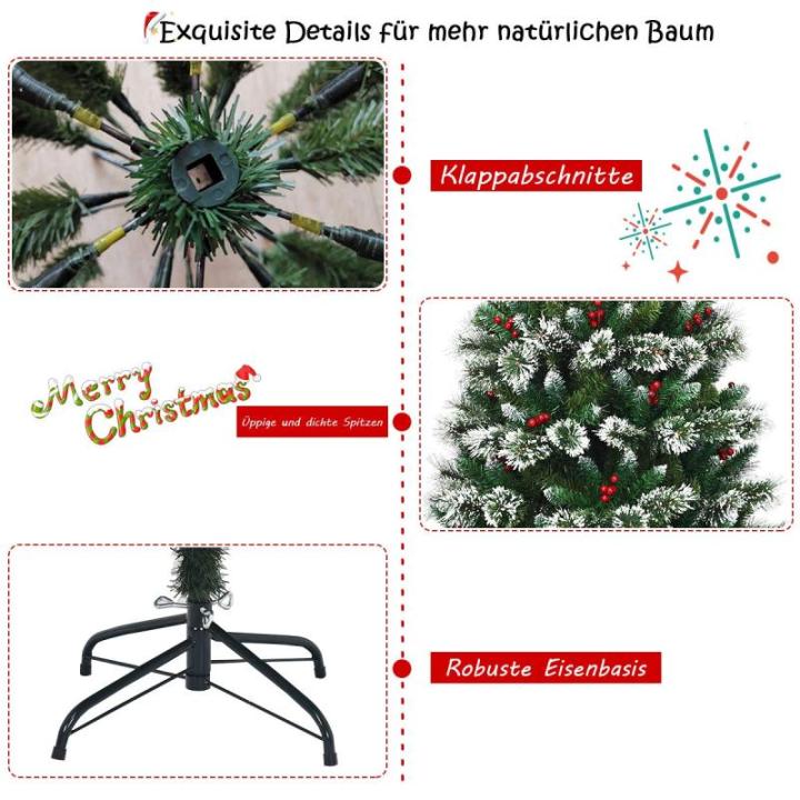 150/180/210/240 cm kunstkerstboom met rode bessen, sneeuwbedekte dennenboom met metalen standaard, pvc- en dennennaalden, kunstboom, kerstklapsysteem (180 cm)