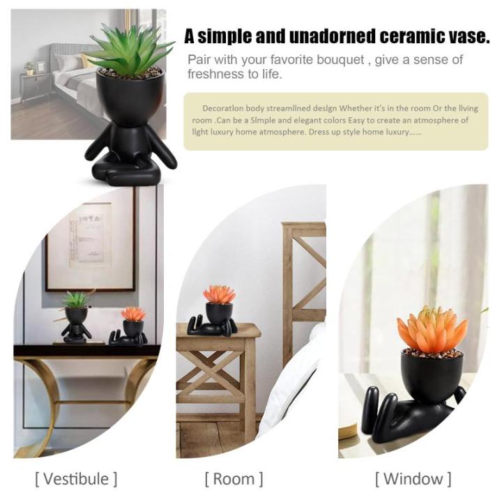 Leuke mini-bloempotten van keramiek, met kunstmatige vetplanten, 2 stuks creatieve kleine figuren voor binnen, kleine bloempotten voor tafel, terras, woondecoratie (zwart)