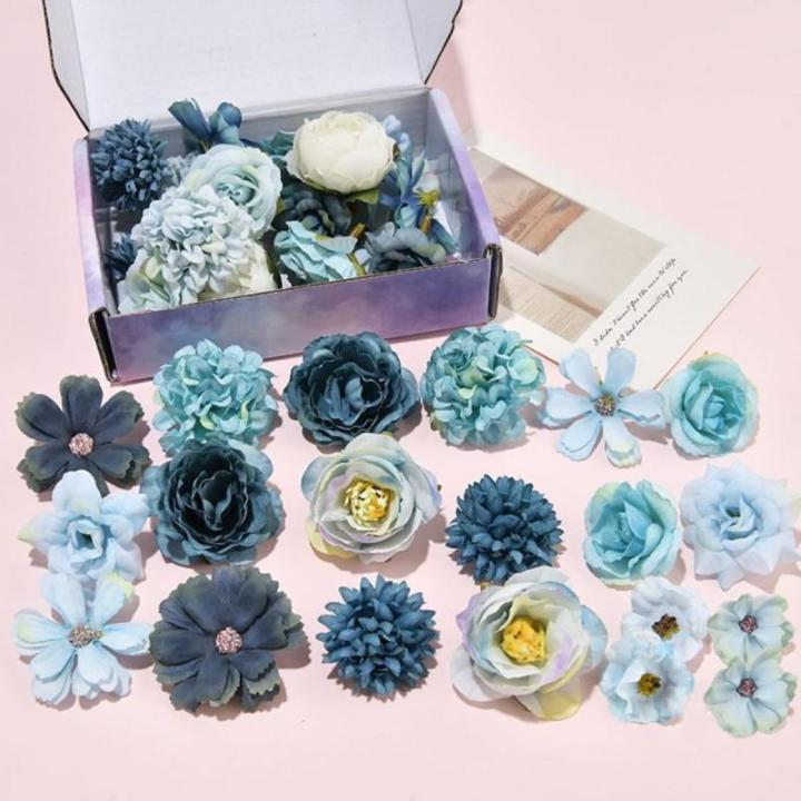 20 stuks blauwe om te knutselen, roos, , hortensia, dahlia's, madeliefjes, bloemen, decoratie, zijden bloemen, hortensia's voor doe-het-zelf bruiloftsboeketten