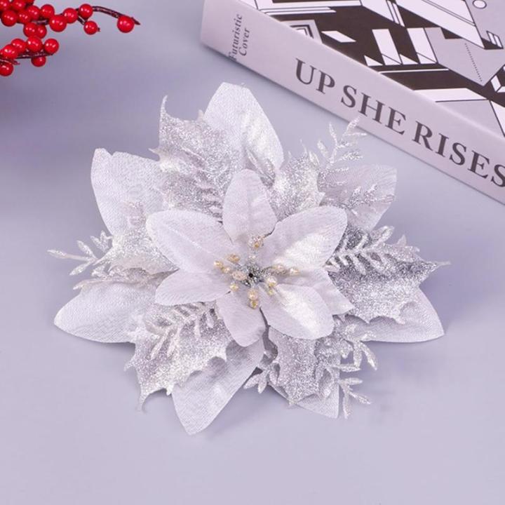 12 stuks kerstdecoratie, kunstbloemen voor Kerstmis, kerstster, kunstdecoratie, bloemen, fonkelende kerstster, bloemen, glitter, kerstboomdecoratie (zilver)