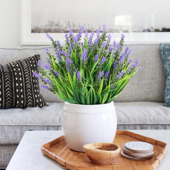 voor buiten, 10 stuks namaapgras met bloemen, uv-bestendig, herfstplanten, balkonplanten voor binnen en buiten, tuin, raam, bruiloft, tafel, woondecoratie (paars)