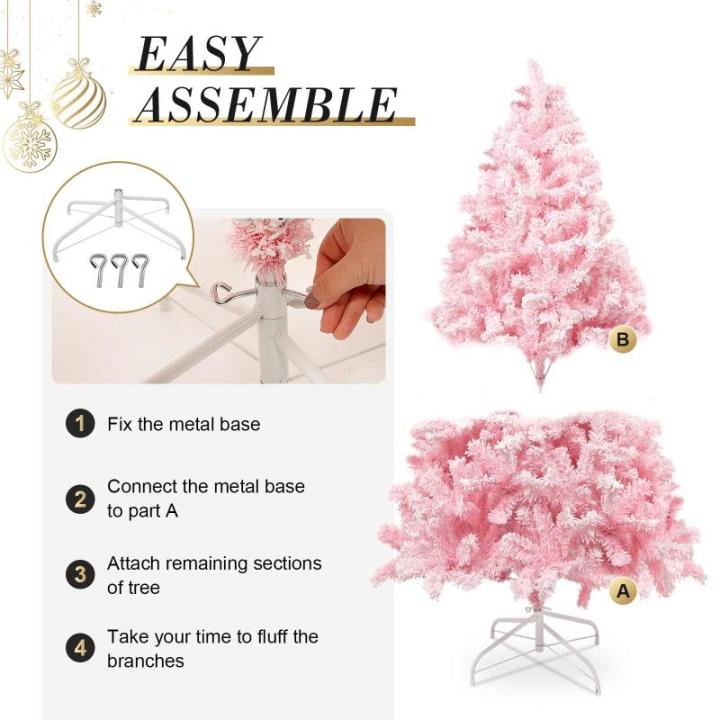 150 cm kerstboom bevlokt roze met volle vlokken decoratie met sneeuwvlokken, 600 takjes, dennenbladeren van pvc en stabiele basis, kerstboom voor kerstdecoraties