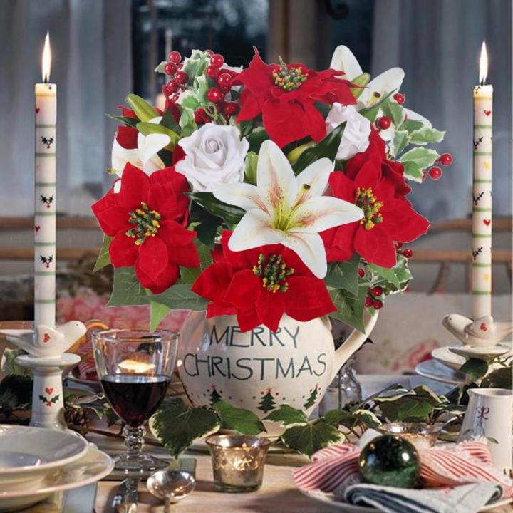 , kerstster, , Kerstmis, rode bessen, kerstdecoratie, zijden bloemen, roos voor Kerstmis, feesten