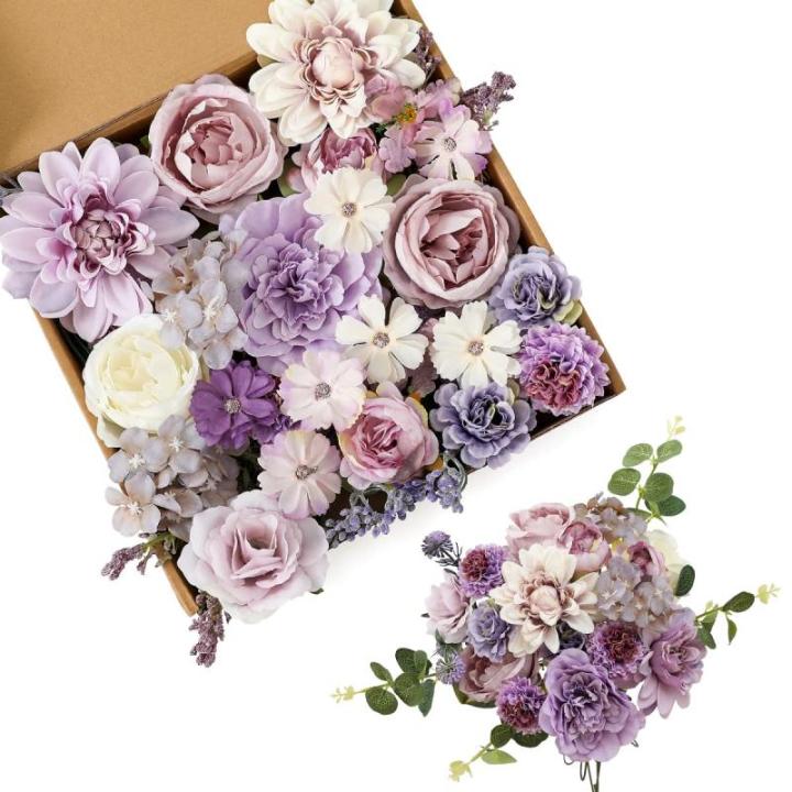 paarse zijde kunstmatige reten combo pioenroos bloem voor doe-het-zelf bruiloft bruidsboeket feest huisdecoraties (paars)