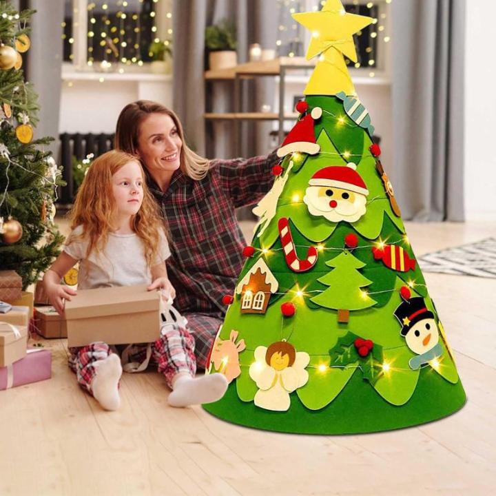 Driedimensionale doe-het-zelf vilten kerstboom kinderset, 75 cm, kerstboom met verlichting, kerstknutselen voor kinderen, met 26 afneembare ornamenten, kerstdecoratie voor kinderen