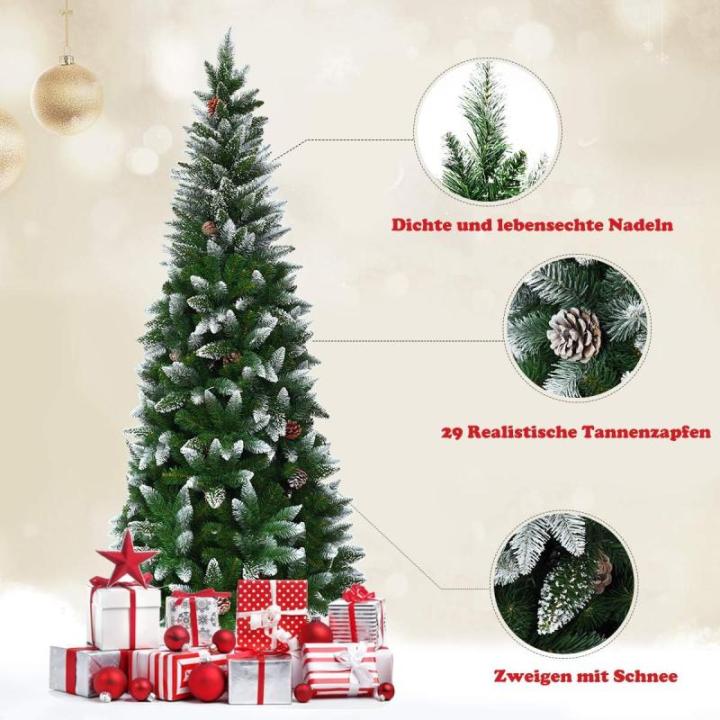 Kunstpotlood, kerstboom met dennenappels, sneeuwbedekte dennenboom met metalen standaard, pvc-naalden, kunstboom, kerstklapsysteem, 180 cm