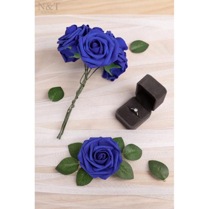 Kunstbloemen, rozen, 25 stuks, kunstrozen met steel, voor doe-het-zelf bruiloft, boeketten, bruid, babyshower, feest, woondecoratie, donkerblauw