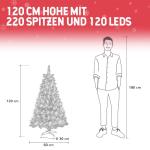 Kerstboom met verlichting, wintermagie serie, kunstkerstboom met kunstsneeuwcoating, 120 leds, 15 dennenappels, 220 takken en metalen standaard, van pvc, hoogte 120 cm