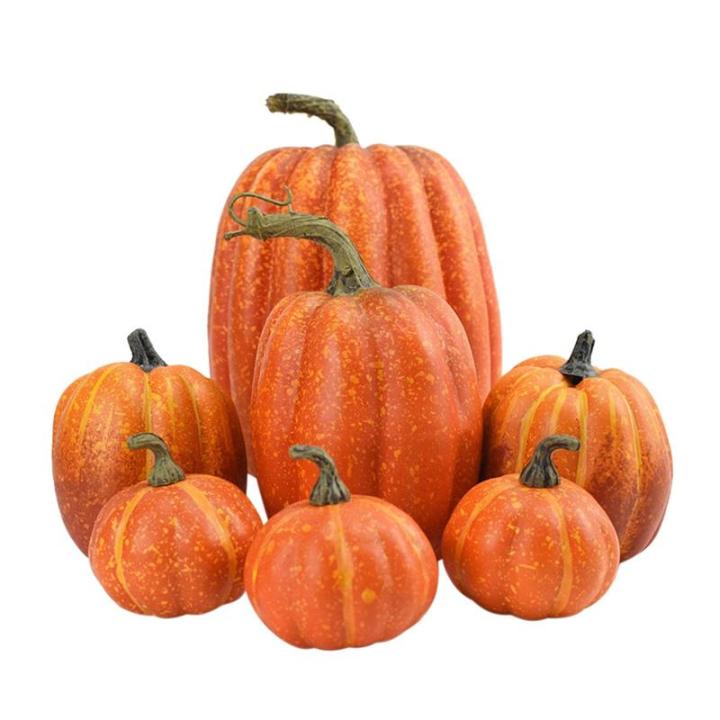 7 stuks kunstpompoenen, pompoen, decoratie, sierpompoen, kunstplantset voor Halloween, decoratie, herfstdecoratieset, 4 maten, geel