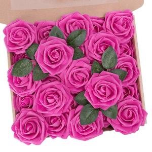 Kunstbloemen, rozen, 25 stuks, kunstrozen met steel, voor doe-het-zelf bruiloft, boeketten, bruid, woondecoratie, hot pink