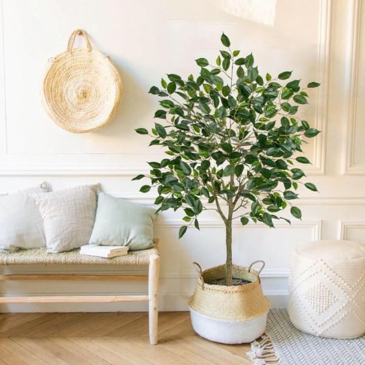 Benjamini Ficus, , grote kunstboom, kamerplant, decoratie met afneembare echte houten stam, voor kantoor, decoratie, slaapkamer, eetkamer, binnen, buiten, groen, 120 cm