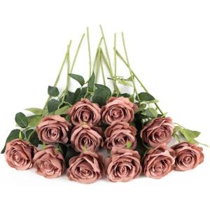 12 stuks Kunstmatige Rozen, 53cm Kunstrozen Enkele Lange Steel , Realistische voor Bruiloftsboeket, Thuis Tuin Woonkamer Hotel Kantoor Decoratie (Dusty)