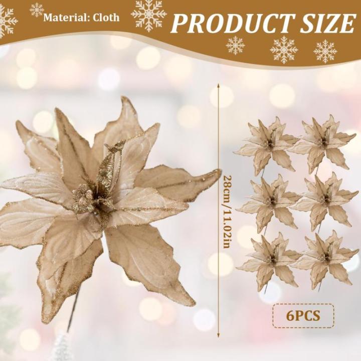 6pcs Poinsettia Blumen künstlich 11 Zoll lebensee Weihnachtsblumen weiche künstliche Blumen mit Glitzerpulver für Weihnachten Neujahrsfeierdekorationen, leichte Gold, Weihnachts