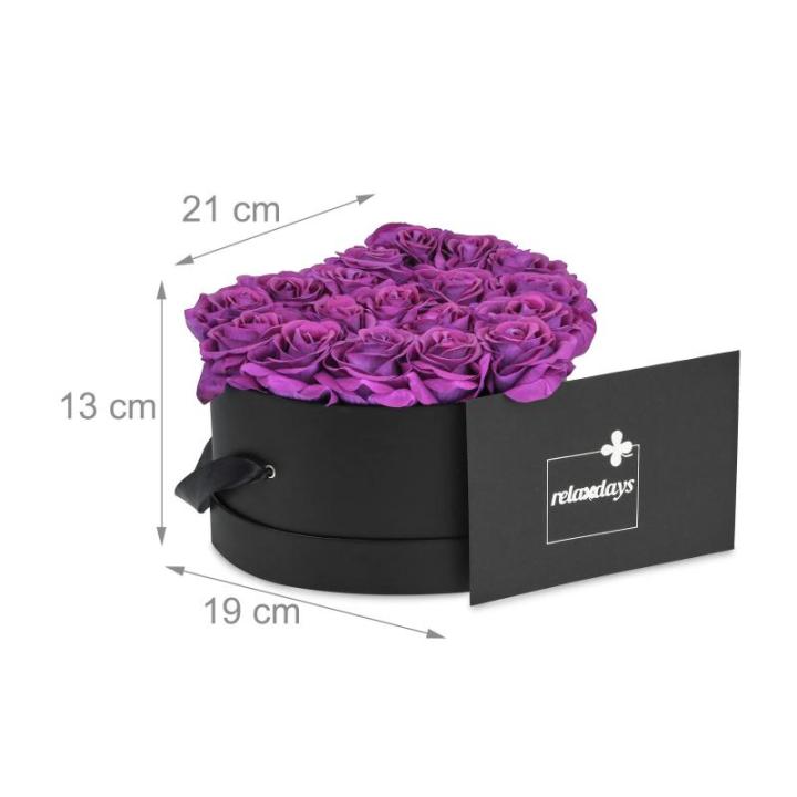 Rozenbox hart, 18 rozen, stevige bloemenbox, zwart, 10 jaar houdbaar, cadeau-idee, decoratieve bloemenbox, paars