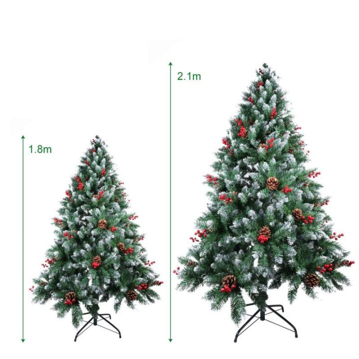 Kerstboom van 2,1 m met dennenappels en bessen, 2,1 m PVC kunstmatige kerstboom met sneeuw stroomden tips kerstdecoratie staande kerstboom voor binnen buiten groen en wit