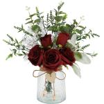 met vaas kunstmatige rode roos bloemen in vaas nep eucalyptus plant bloemstuk voor tafel middenstukken, babyshower, thuis keuken kantoor coffeeshop decoraties