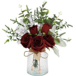 met vaas kunstmatige rode roos bloemen in vaas nep eucalyptus plant bloemstuk voor tafel middenstukken, babyshower, thuis keuken kantoor coffeeshop decoraties