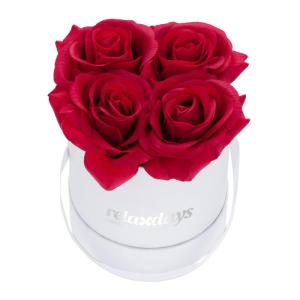 Rozenbox rond, 4 rozen, stabiele bloemenbox, wit, 10 jaar houdbaar, cadeau-idee, decoratieve bloemenbox, rood