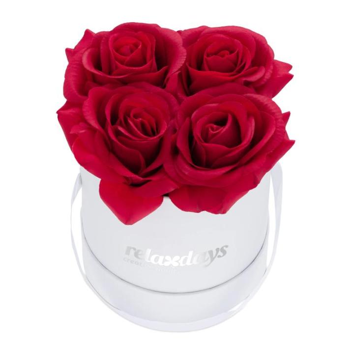 Rozenbox rond, 4 rozen, stabiele bloemenbox, wit, 10 jaar houdbaar, cadeau-idee, decoratieve bloemenbox, rood