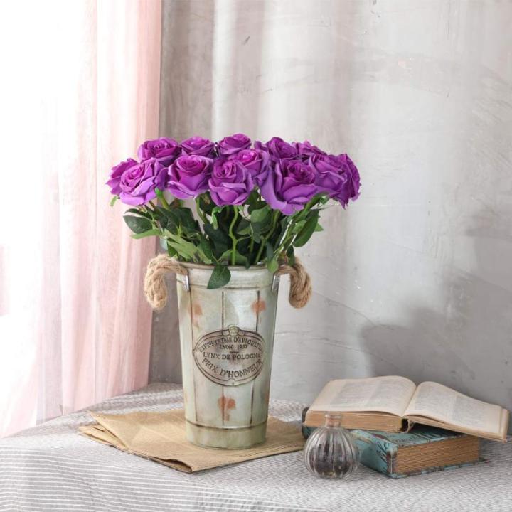 Kunstmatige Zijde Roos Bloem Enkele Stam Levensechte Nep Roos voor Bruiloft Boeket Bloemenarrangementen Huis Feest Bloemstuk Decoratie, 10 stuks (Paars)