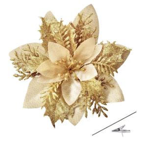 Kunstbloemen, 15 stuks, 14 cm, glitter, kerstbloemen met clips, stammen, kerstboom, ornamenten voor doe-het-zelf kransen, slinger, huis, feest, vakantie, decoratie, goud
