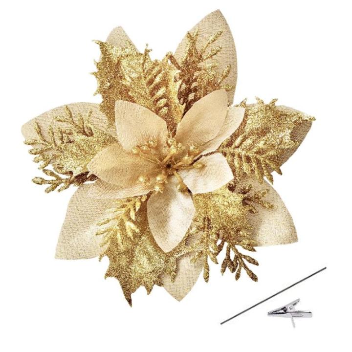 Kunstbloemen, 15 stuks, 14 cm, glitter, kerstbloemen met clips, stammen, kerstboom, ornamenten voor doe-het-zelf kransen, slinger, huis, feest, vakantie, decoratie, goud