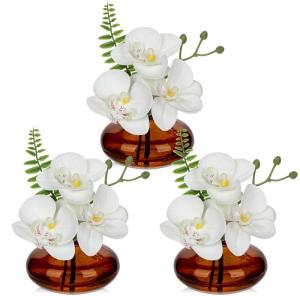 Set van 3 kunstorchideeën in amberkleurige glazen vaas, witte orchideeën nepbloemen in in voor decoratie nepplanten voor woonkamer badkamer kantoordecoratie