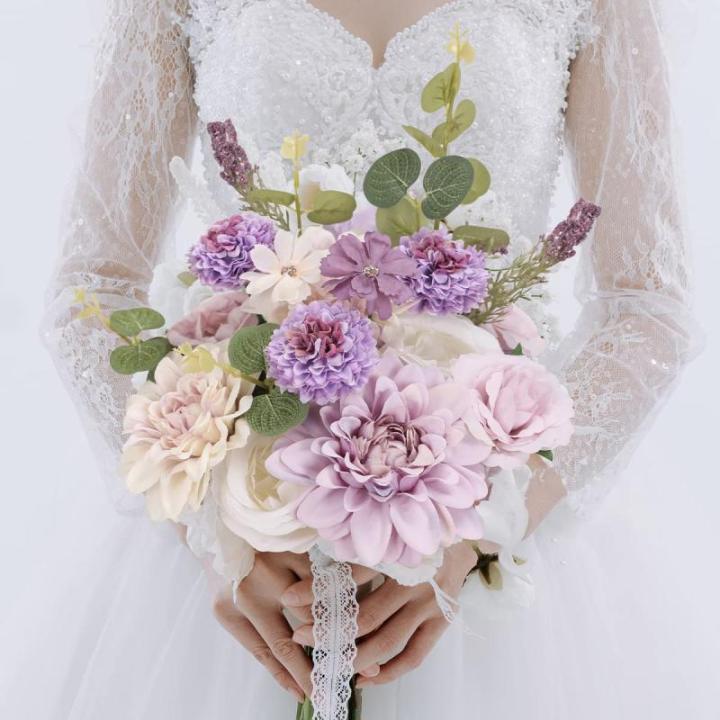 Künstliche Blumen Combo Lila Blumen Mix Seide Blumen Dahlie Rosen mit Stielen für DIY Hochzeit Brautsträuße, Babyparty, Blumenarrangement, Tischaufsätze, Heimdekorationen.