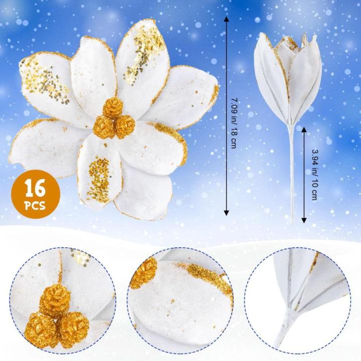 Künstliche Weihnachtssterne mit Glitzer, Samt, Magnolie, Blume, künstliche Weihnachtssterne, dekorative Blume für Weihnachtsbaumdekoration (weiß, gold), 16 Stück