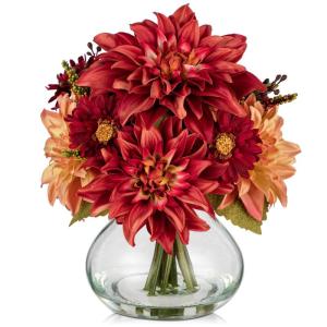 Dalia Kunstbloemen als echt in ovale glazen vaas met kunstwater, decoratieve bloemen, chrysant bloemstuk voor thuis, woonkamer, badkamer, herfst, decoratie