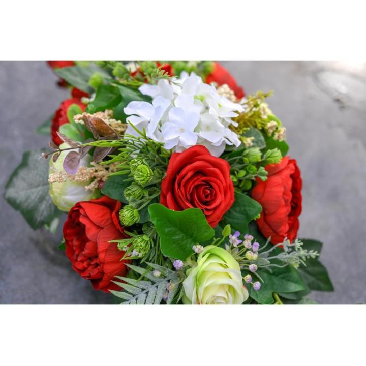 Grabaufleger aus künstlichen Textil Seidenblumen Rosen länglich 80cm groß XXL Friedhofsgesteck für Totensonntag Beerdigung wie Echt (Rot)