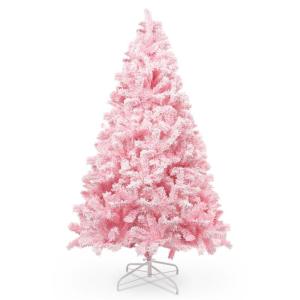 180 cm kerstboom bevlokt roze met volle flocked decoratie met sneeuwvlokken, 808 punten dennenbladeren van pvc en stabiele basis, kerstboom voor kerstdecoraties