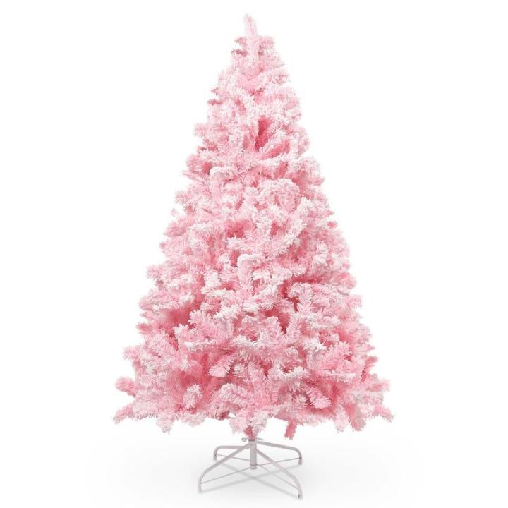 180 cm kerstboom bevlokt roze met volle flocked decoratie met sneeuwvlokken, 808 punten dennenbladeren van pvc en stabiele basis, kerstboom voor kerstdecoraties