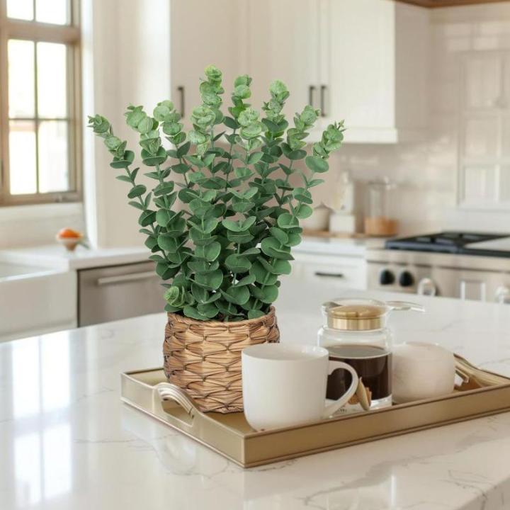 Kunstplant eucalyptus kunstplant lijkt op echte kamerplanten, decoratieve planten in gevlochten zeegras, pot, hoogte 39 cm