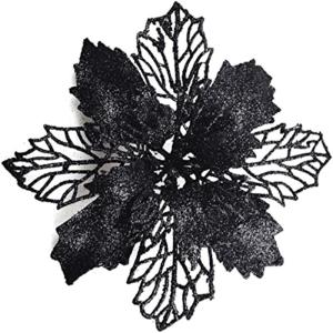 24 Stück Weihnachtsblumen für Weihnachtsbaumdeko, Weihnachten Funkeln Weihnachtsstern Blumen mit Clips für Hochzeit Weihnachtsbaum Neujahr Ornamente (Schwarz,16 cm)