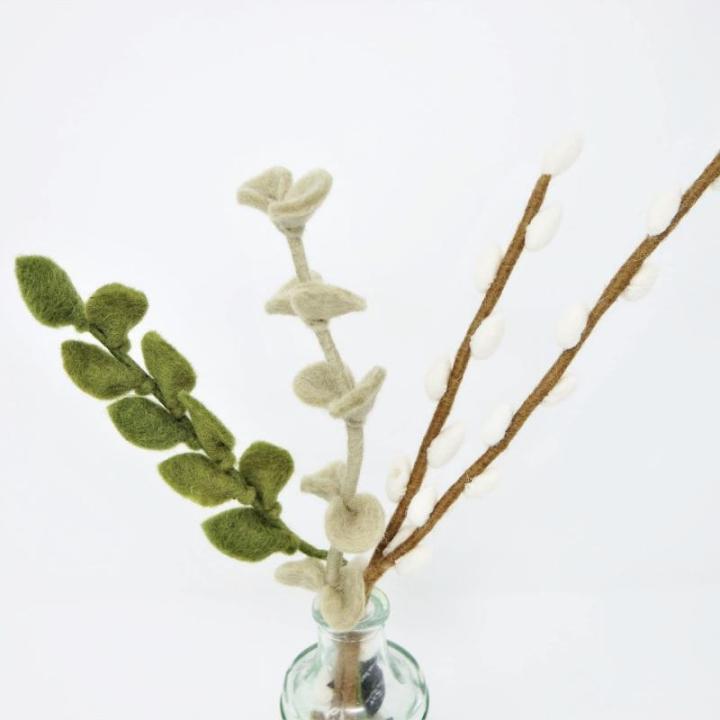 Gry & SIF Kunstbladtakken, flexibele steel, decoratieve tak van vilt, kunstplant, boeket binden, bruiloften, doe-het-zelfprojecten, handgemaakt, Fairtrade I 30 cm, 3 x groen