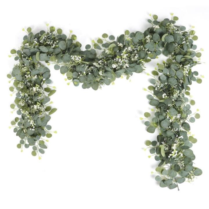 2 stuks kunstslingers, eucalyptus met wilgenbladeren, groene bladeren, witte bloemen, slinger, kunstplant, hangplant voor achtergrond, bruiloft, decoratie, tafelloper, middenstuk