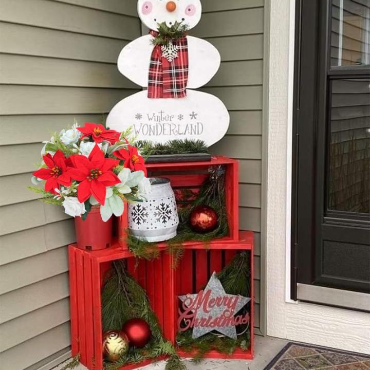 Künstlicher Weihnachtsstern-Blumenstrauß, roter Seiden-Weihnachtsstern, Winter-Blumenarrangement mit künstlichen Tannennadeln für Weihnachten, Küche, Tisch, Heimdekoration