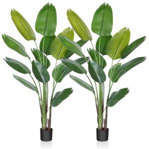 Kunstparadijsvogel, 180 cm, kunstmatige tropische palm met 13 bladeren, perfecte in pot voor binnen en buiten, huis, kantoor, tuin, moderne decoratie (2 stuks)