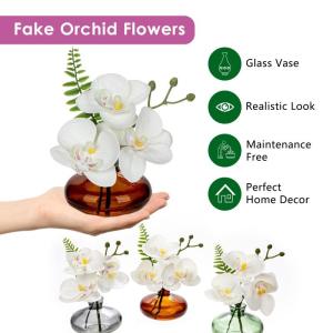Set van 3 kunstorchideeën in amberkleurige glazen vaas, witte orchideeën nepbloemen in in voor decoratie nepplanten voor woonkamer badkamer kantoordecoratie